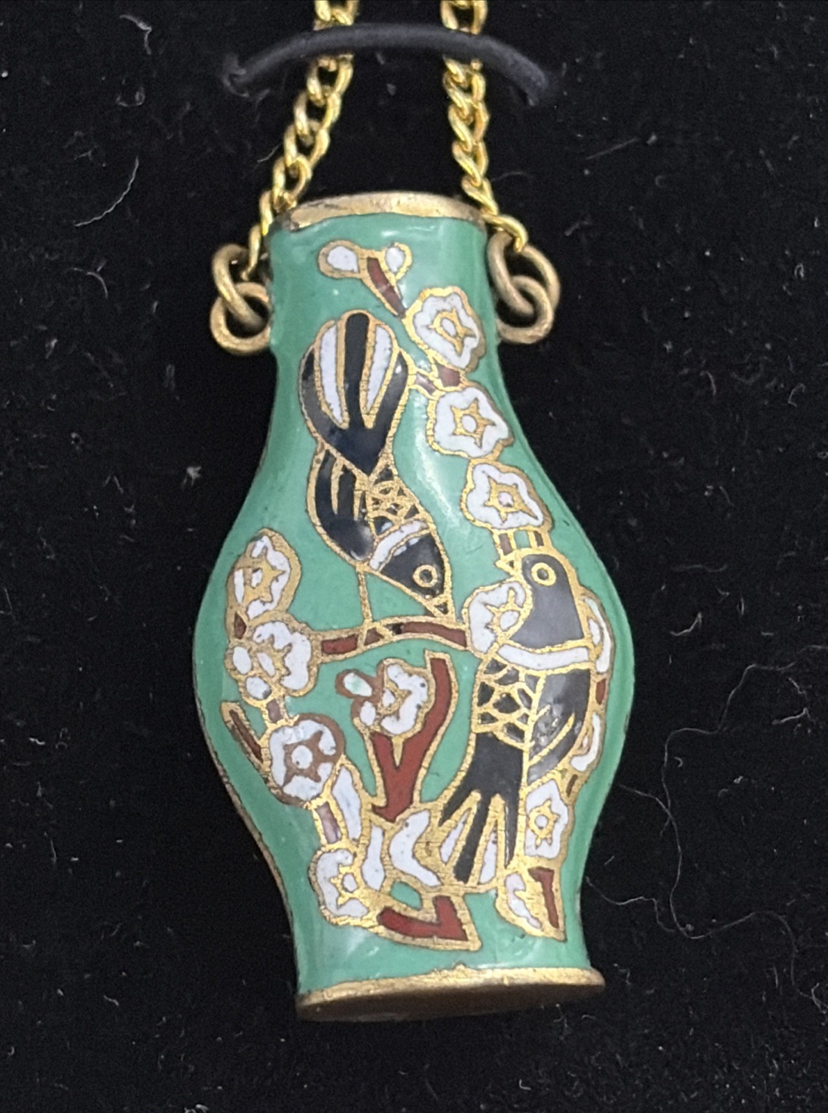 Vintage Cloisonné Enamel Vase Pendant Hand Painted Birdsoon 18″ Gold Color Chain