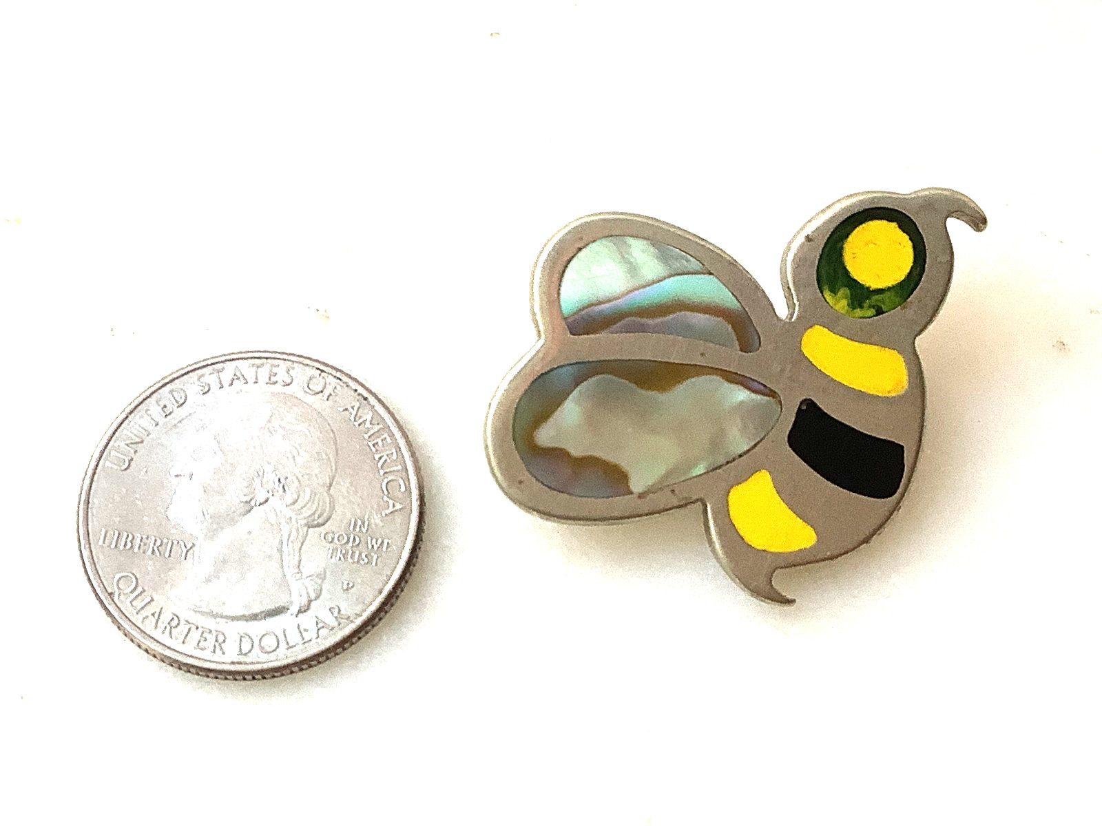 Vintage Enamel Bee Brooch Silver Insect Pin Yellow Black Shell Estate Jewelry