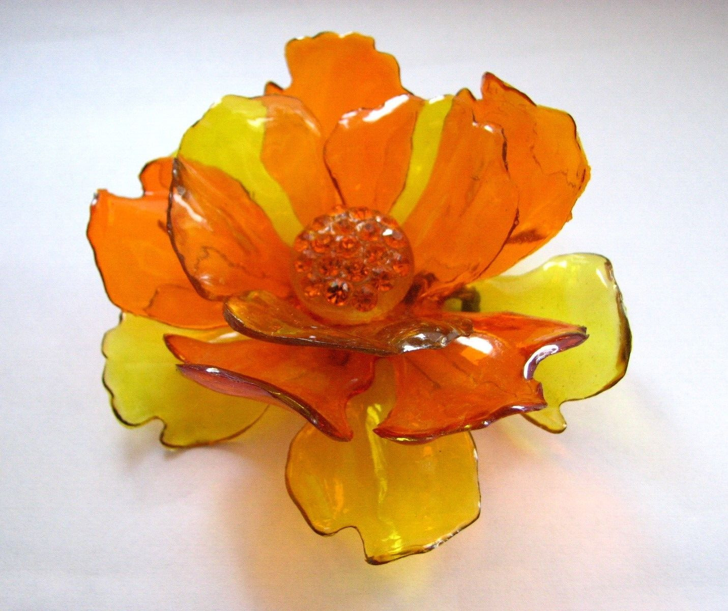 Gorgeous Vintage 1960s Massive Rhinestone Vibrant Orange Yellow Acetate Brooch