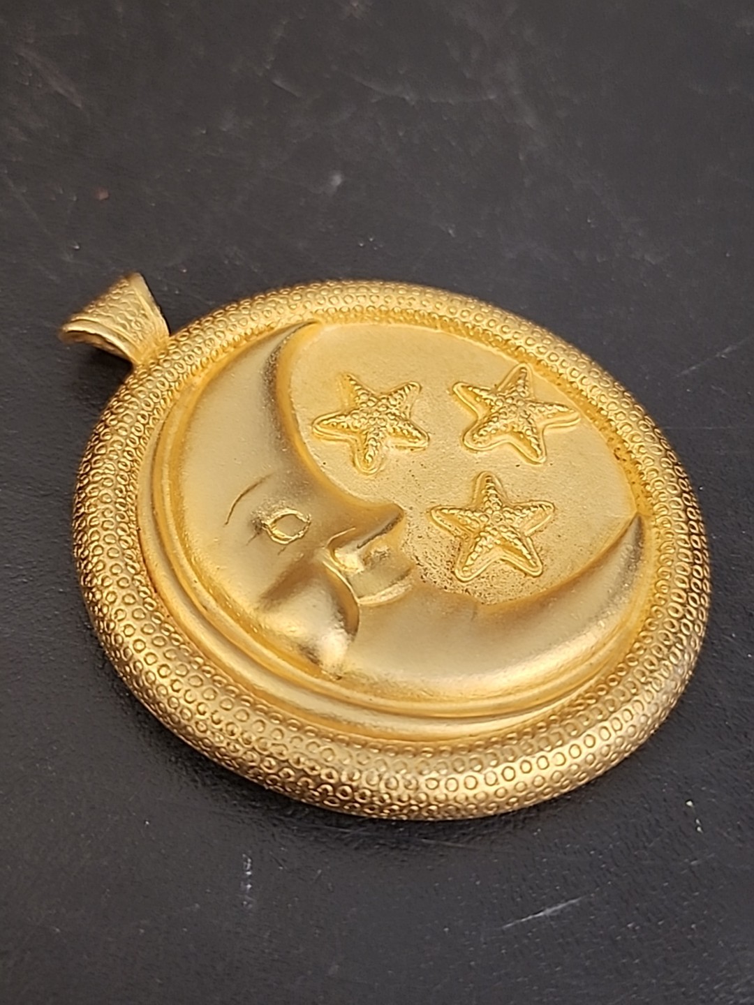 Vintage Gold Tone Satin Finish Crescent Moon Stars Large Medallion Pendant