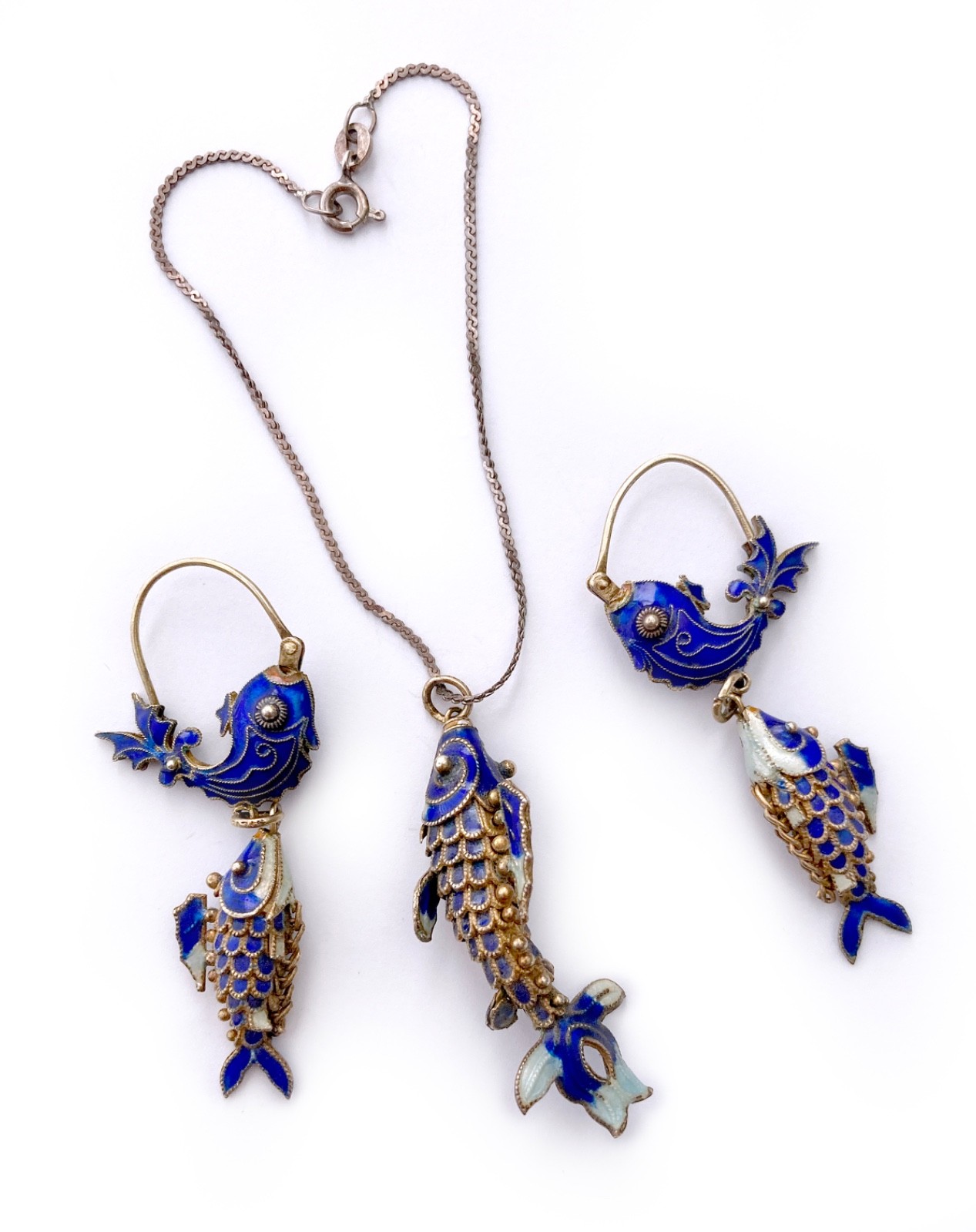 Blue Cloisonne & Vermeil Koi Fish Charm Bracelet and Hoop Earrings: China Export