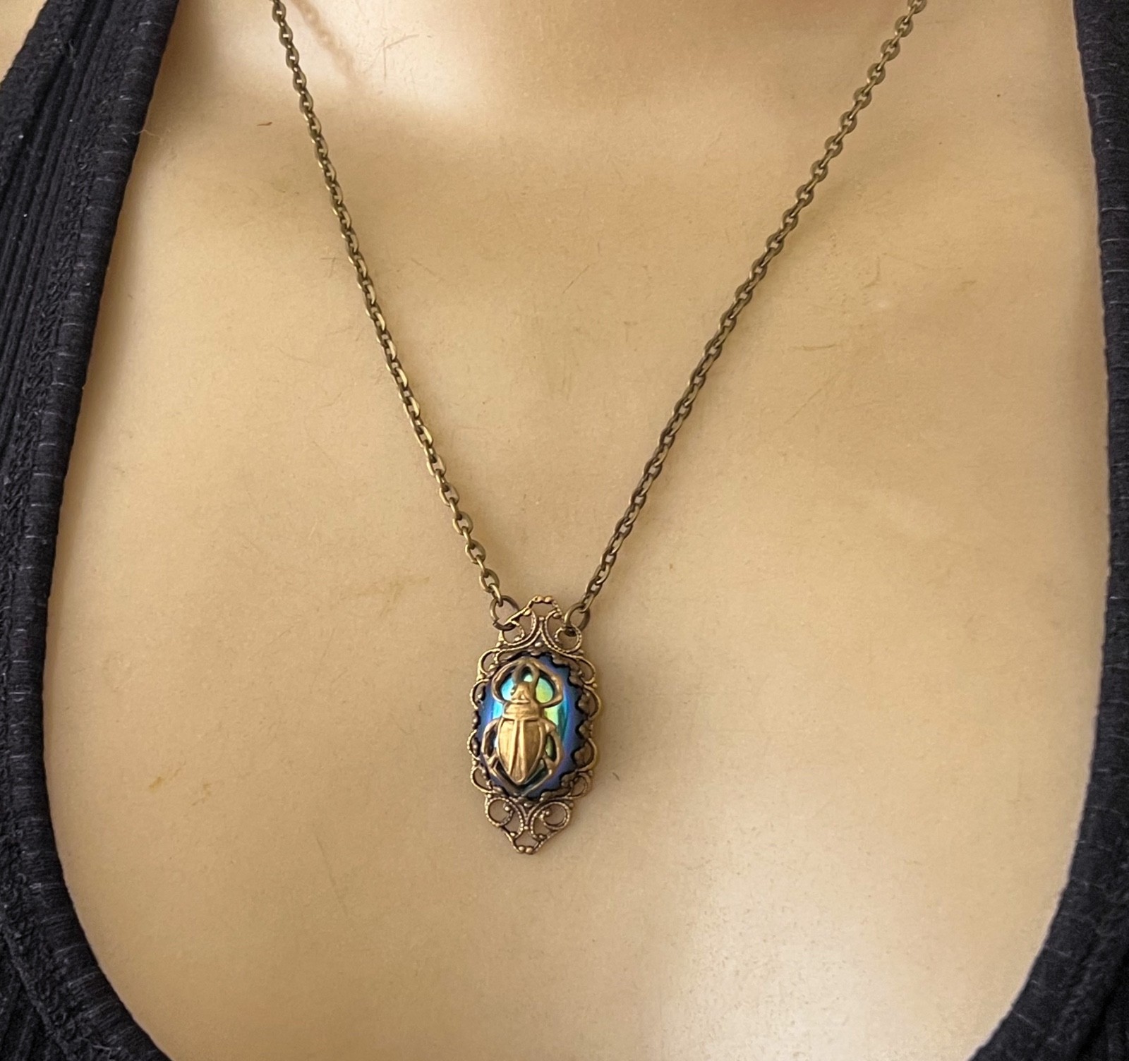 Vintage Scarab Necklace Egyptian Revival Pendant Antique Czech Iridescent Glass