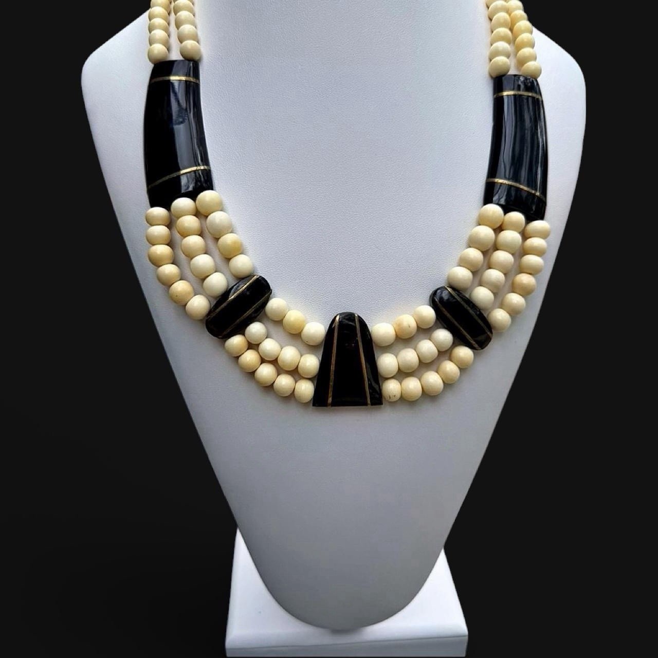 Art Deco Resin Bib Necklace Multi Strand Black Cream Bead Statement