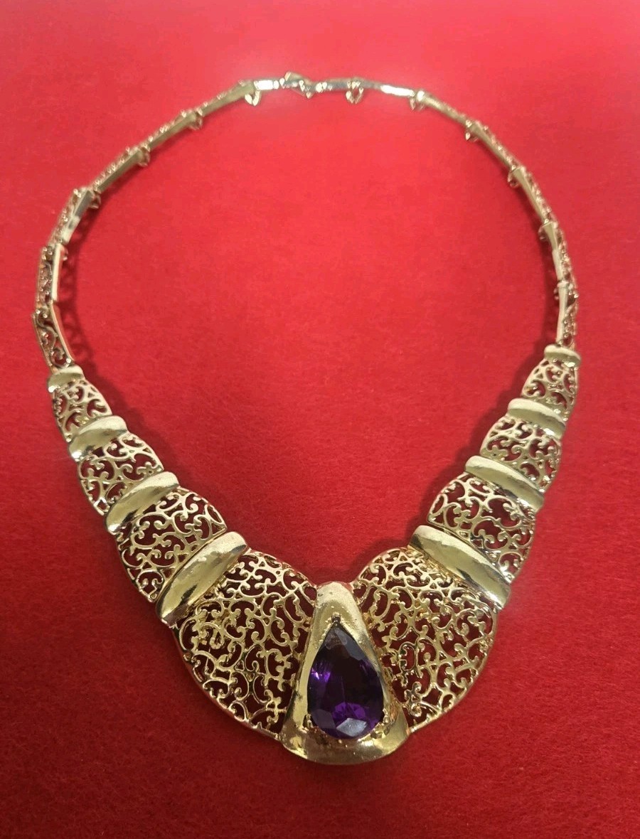 Vintage Large Teardrop Resin Acrylic Amethyst Collar Statement Necklace 18″
