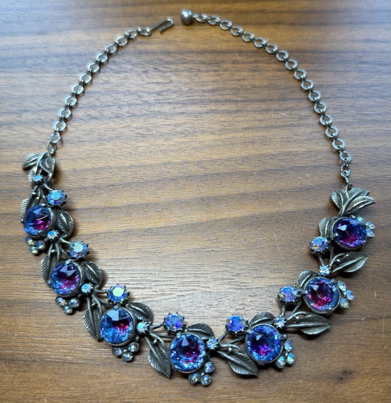 Vintage FLORENZA Blue Purple Peacock Vitrail Rhinestone Necklace Signed