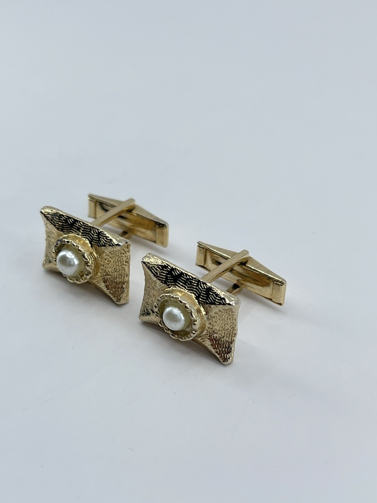 Vintage Faux Pearl mens cufflinks rectangle brushed gold tone concave whale back