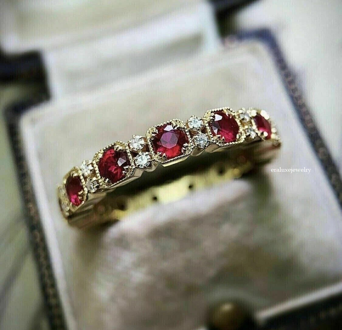 Art Deco Style Lab Created Diamond Ruby 14K Yellow Gold Plated Wedding Band Ring