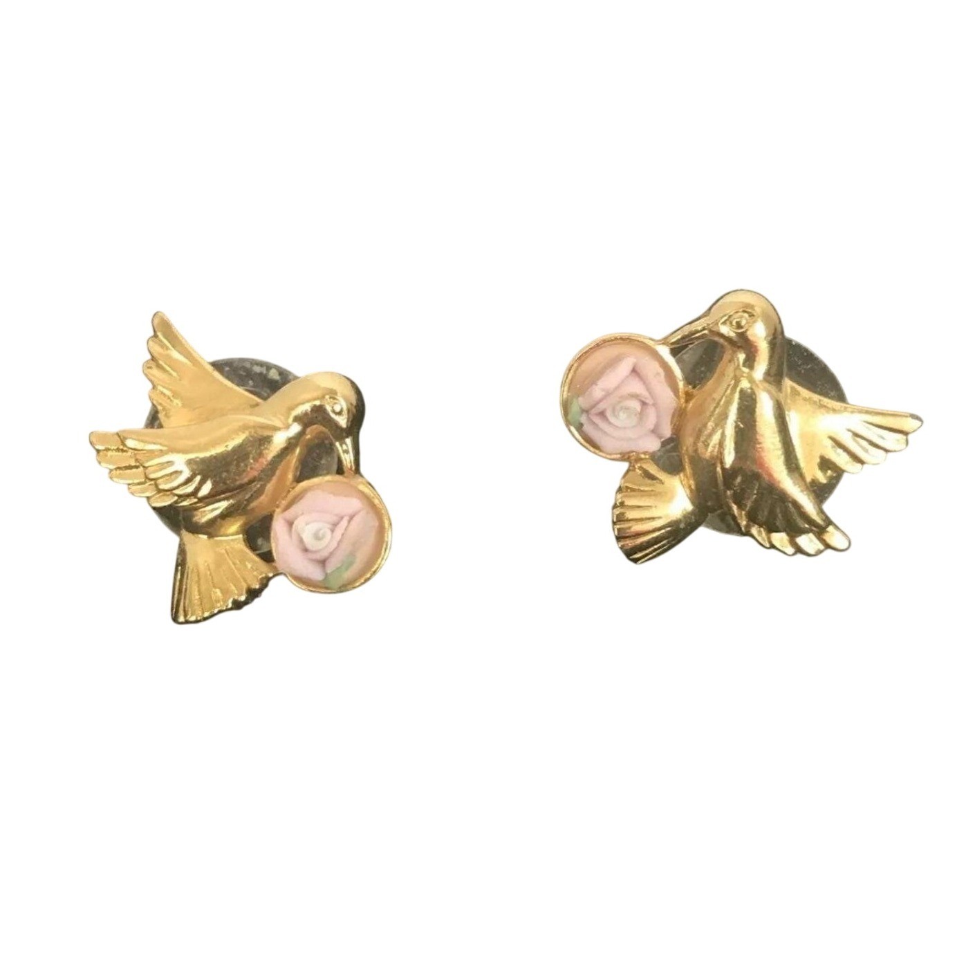 Gold Tone Bird with Rose Earrings Cute Vintage Jewelry Gift for Her
