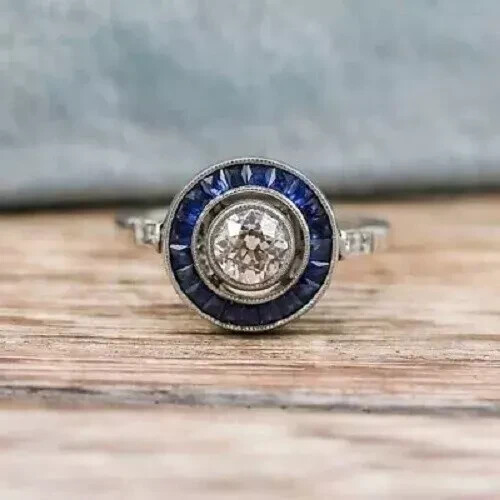 Art Deco Style Lab Created Diamond & Sapphire 14K White Gold FN Engagement Ring