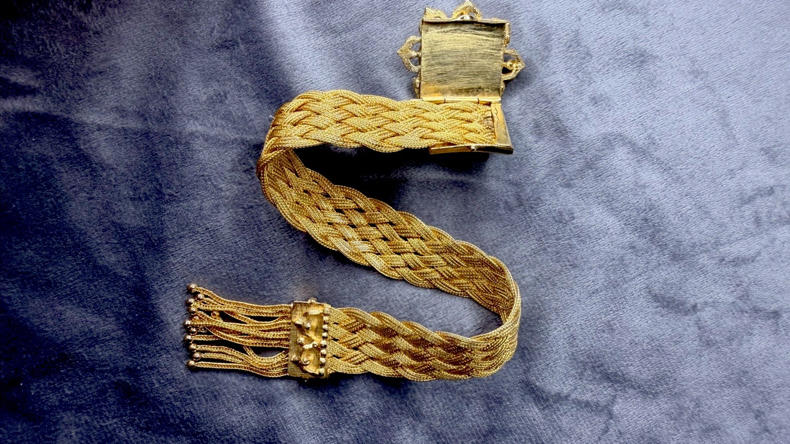 Victorian Antique Gold Filled Woven Mesh Slide Bracelet Tassel Fringe C.1900