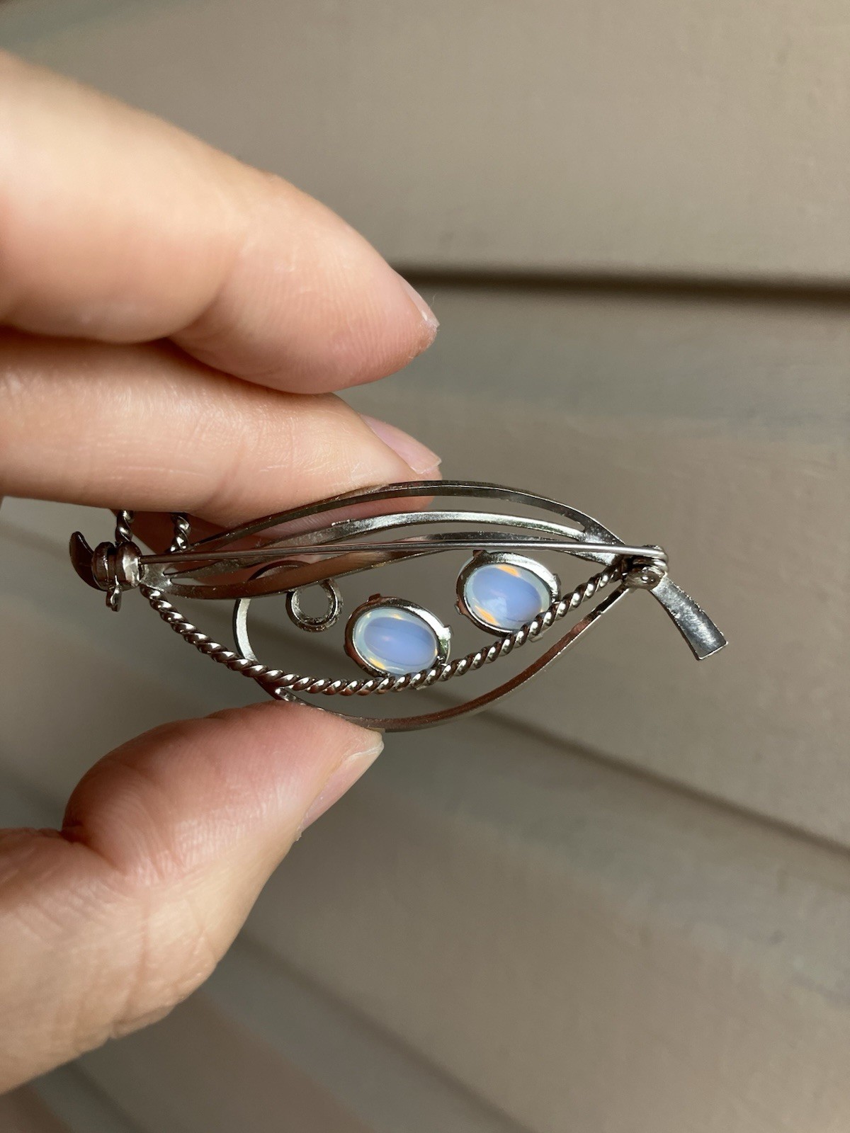 Unused Vintage opal Like Mademade stone Brooch silver tone