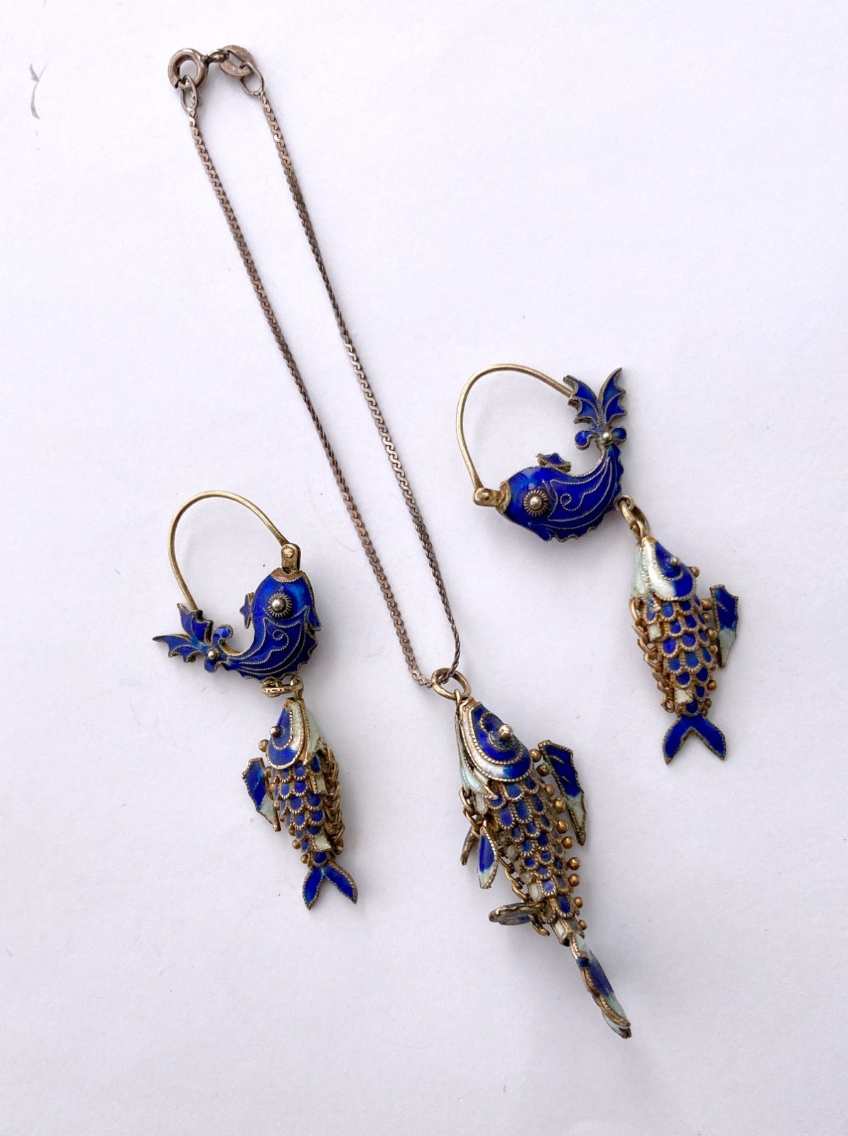 Blue Cloisonne & Vermeil Koi Fish Charm Bracelet and Hoop Earrings: China Export