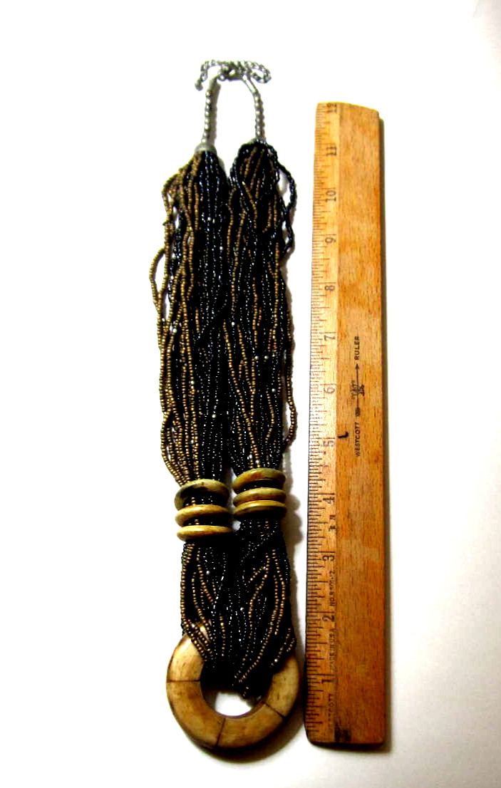 Vintage 80’s Multi Strand Matte and Brown Gold Tone Wood Horn Necklace 12 in
