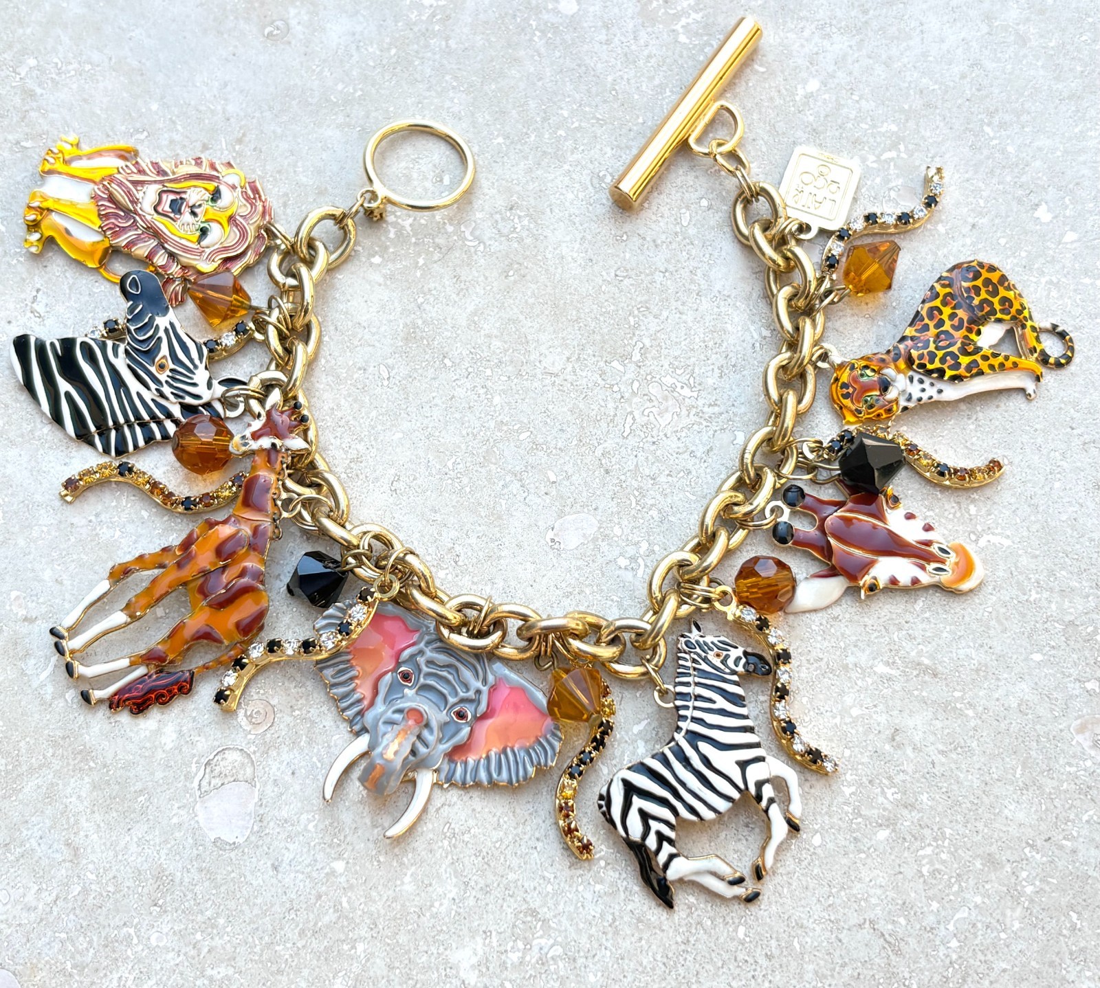 LUNCH AT THE RITZ Signed Safari Animals Charm Bracelet Enamel Rhinestones