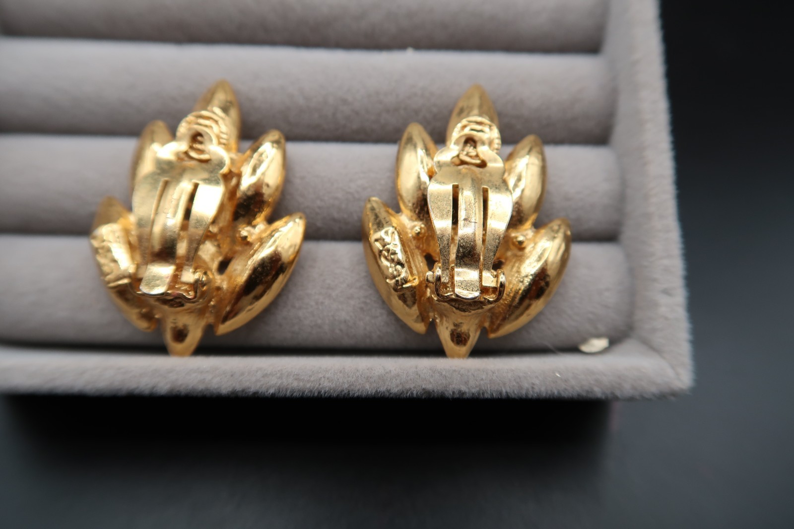 Vtg Yves Saint Laurent Spiked Leaf Design Crystal Earrings Signed Beautiful