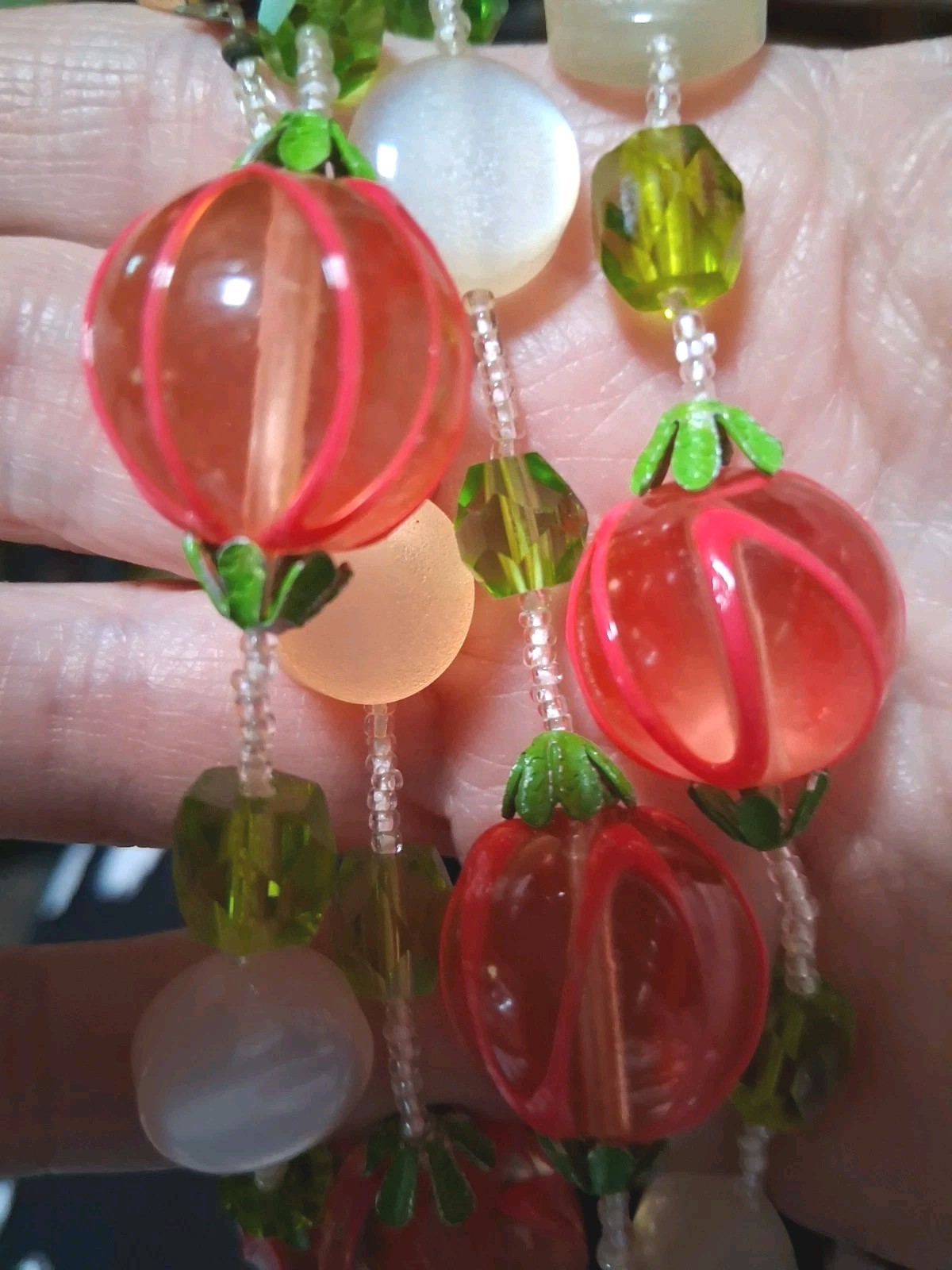 VTG Fruit Japan Necklace Pink Lucite/Acrylic beads And Green MELON BALLS