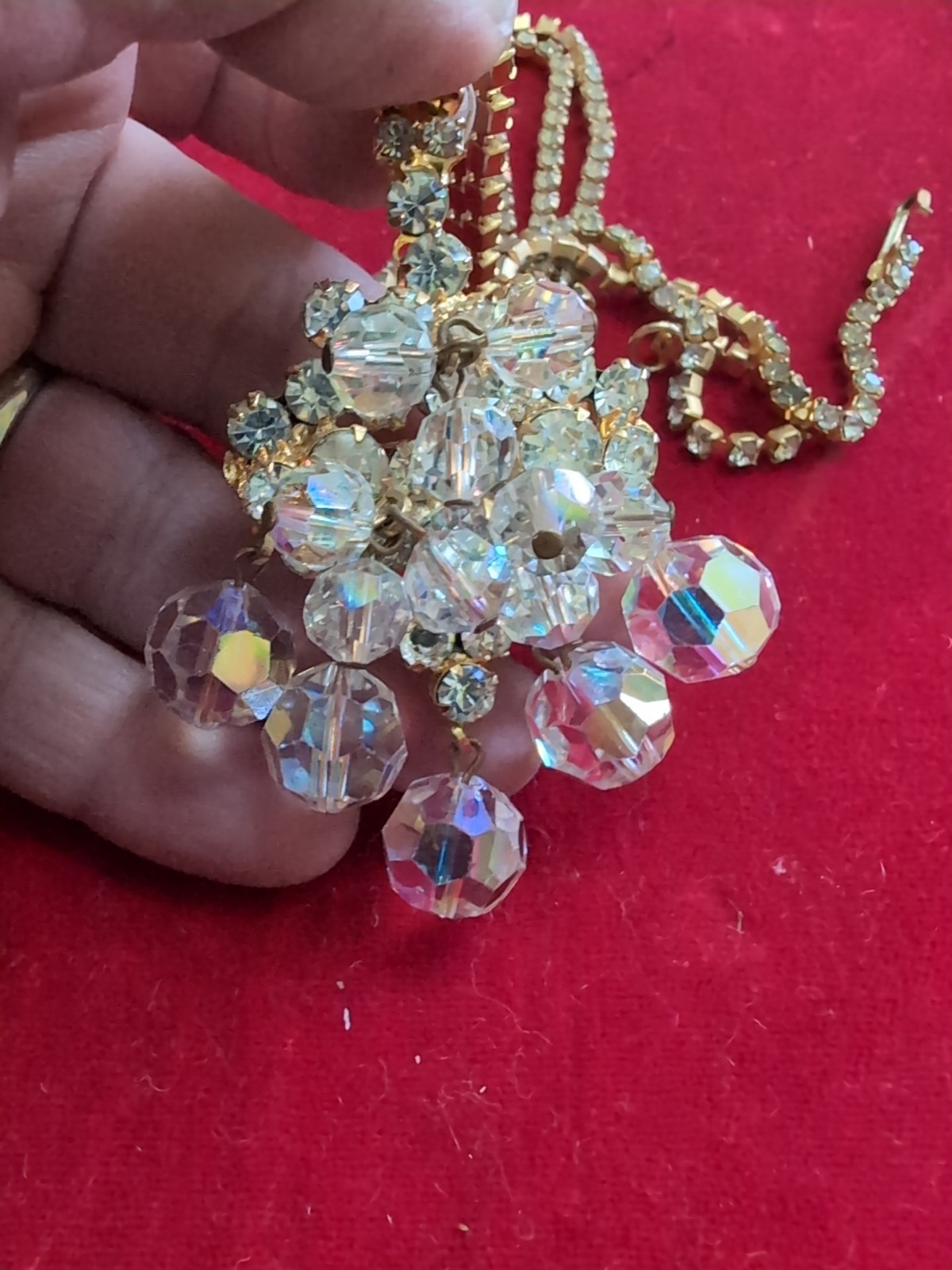 Vintage D&E JULIANA ab rhinestone Crystal cluster 26″ NECKLACE 2″Brooch/Pendant