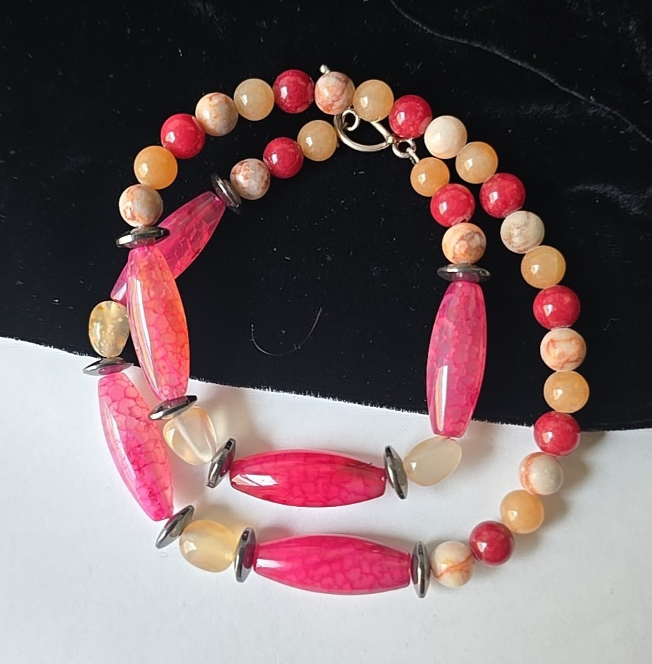 Vintage Hematite Quartz Agate Stone Beads Necklace 20″L