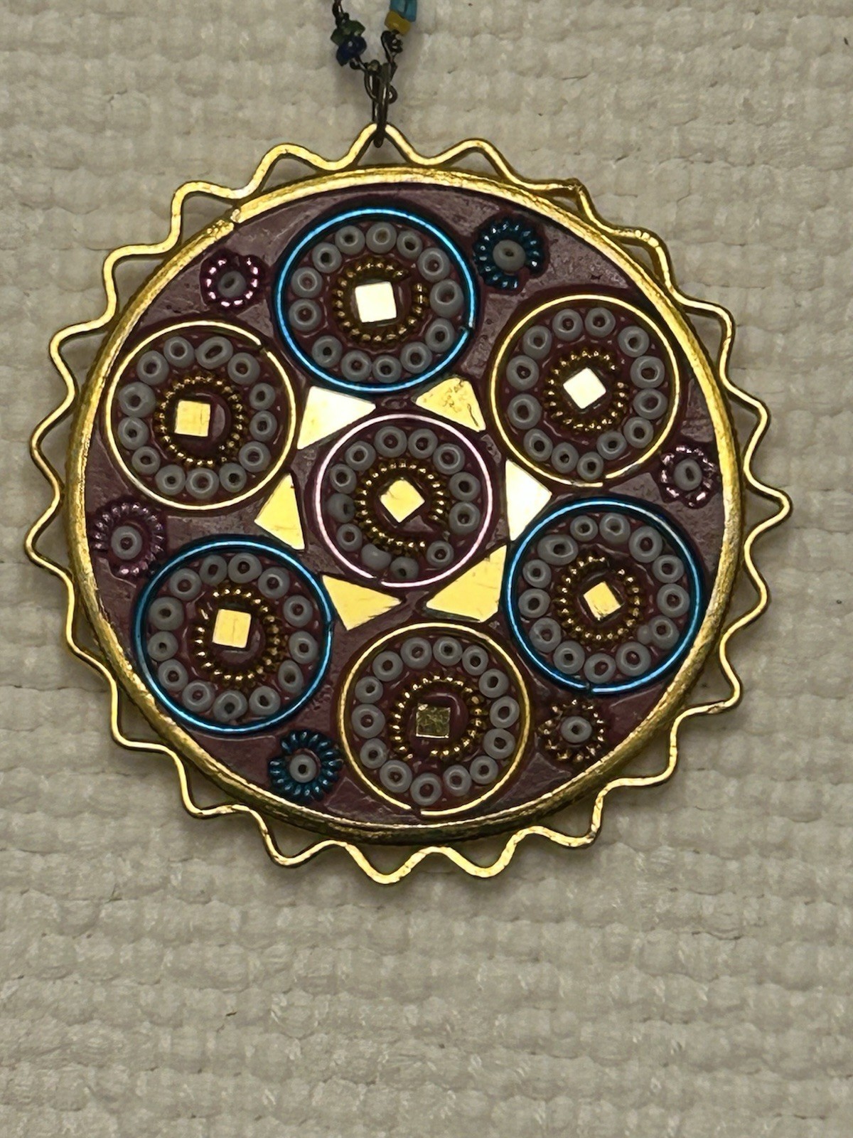 Vintage Large Medallion Mosaic Inlaid Mirrors Beaded Necklace Stamped India