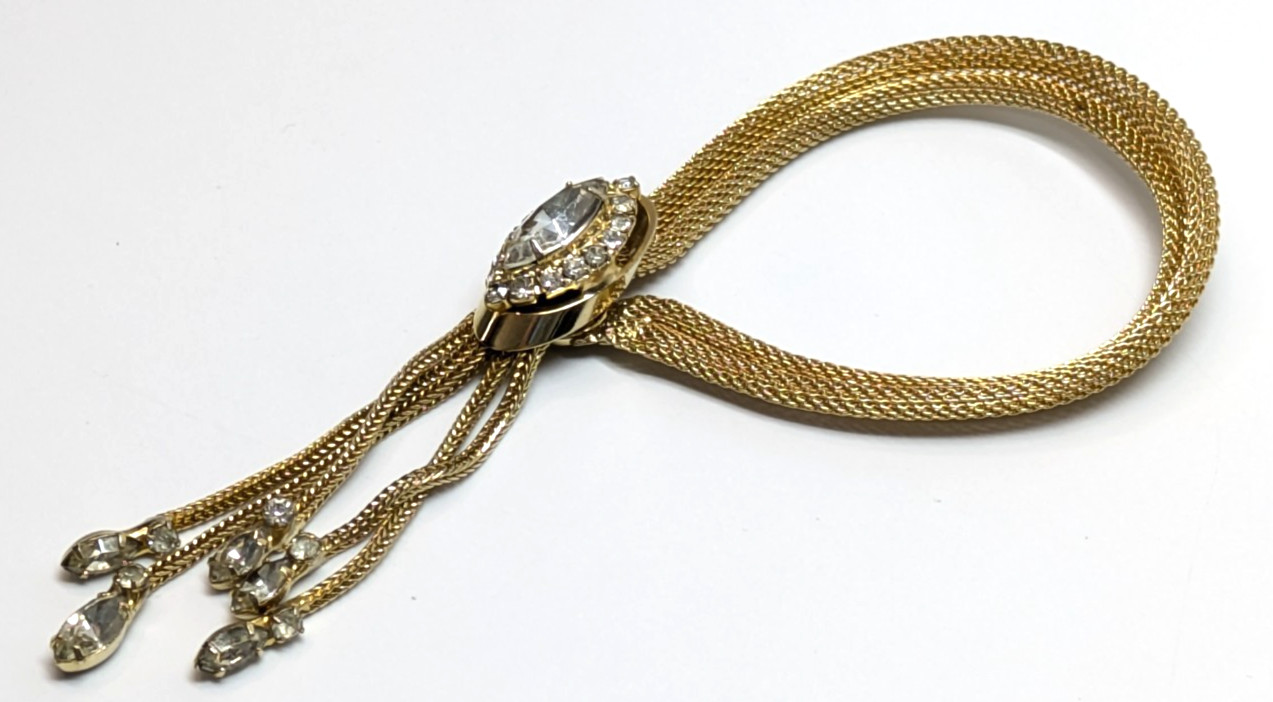 VTG Kramer Mesh Gold Tone Snap Tassel Bracelet Clear Rhinestones 7″ Long