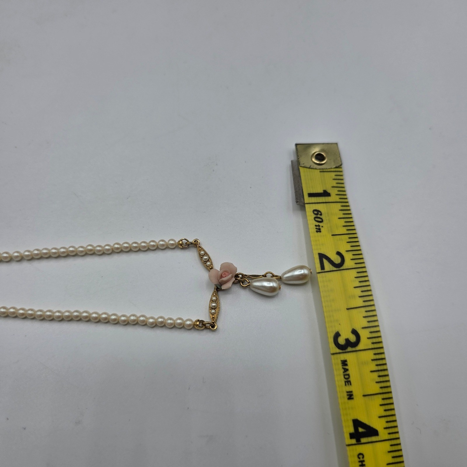 1928 Jewelry Gold Tone Faux Pearl Pink Rose Victorian Revival Drop Necklace 15″
