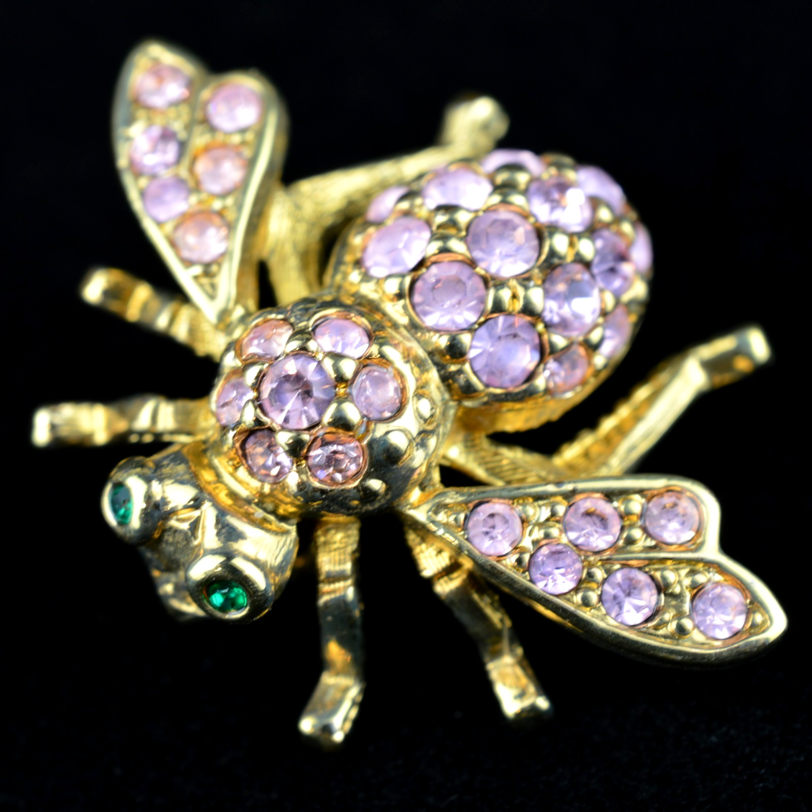 Joan Rivers Bee Pin Signed Pink Rhinestone Brooch Gold Tone Green Eyes Vtg