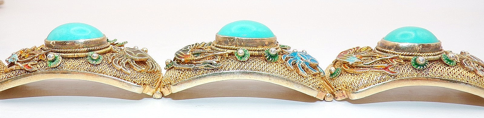 GORGEOUS CHINESE STERLING SILVER 5 Link FILIGREE ENAMEL CORAL Bracelet 7.5″ Long
