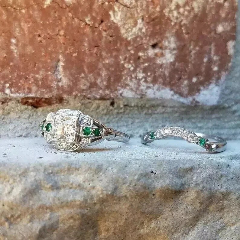 Art Deco Vintage Style Lab Created Diamond Emerald 925 Silver Christmas Ring Set