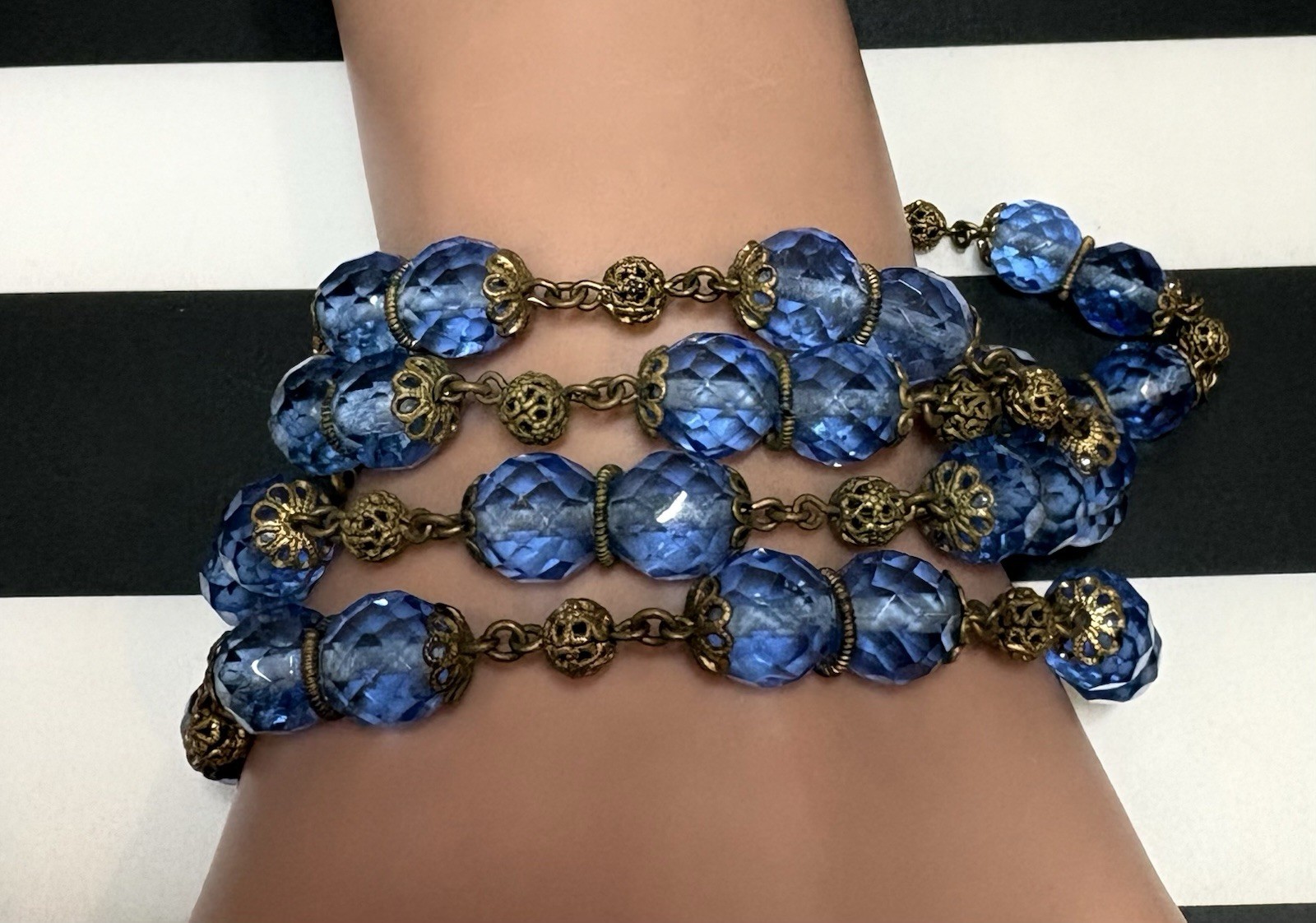 Antique Art Deco Blue Czech Glass & Brass Filigree 34 Inch Necklace 20s-30s