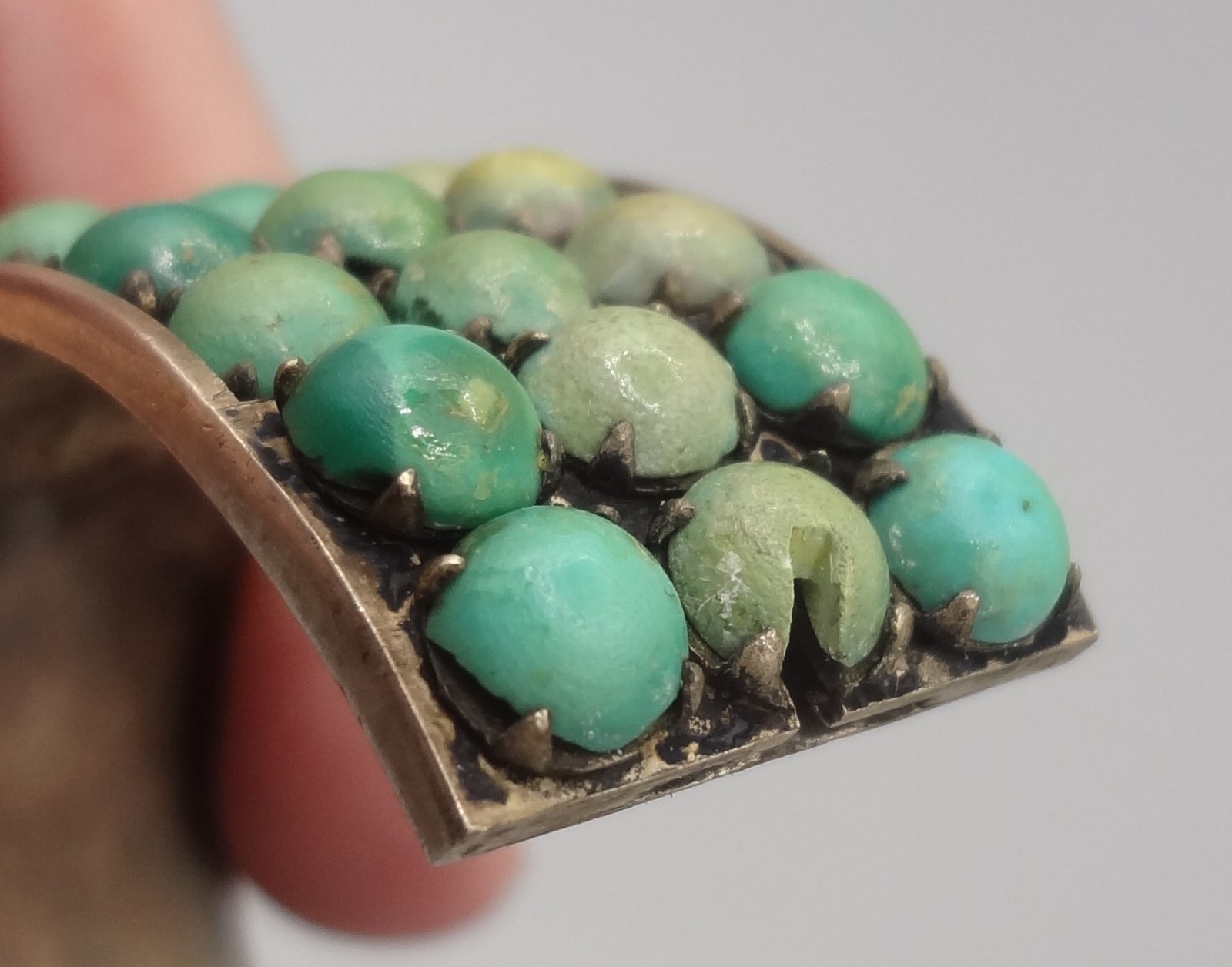 Antique BEE CHINA SILVER Chinese Export 3 Row Turquoise Cuff Bracelet READ