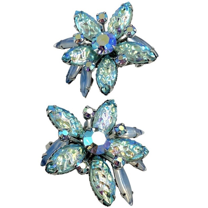 Vintage Judy Lee Blue Iridescent Glass Floral Clip Earrings AB Rhinestone 1960s