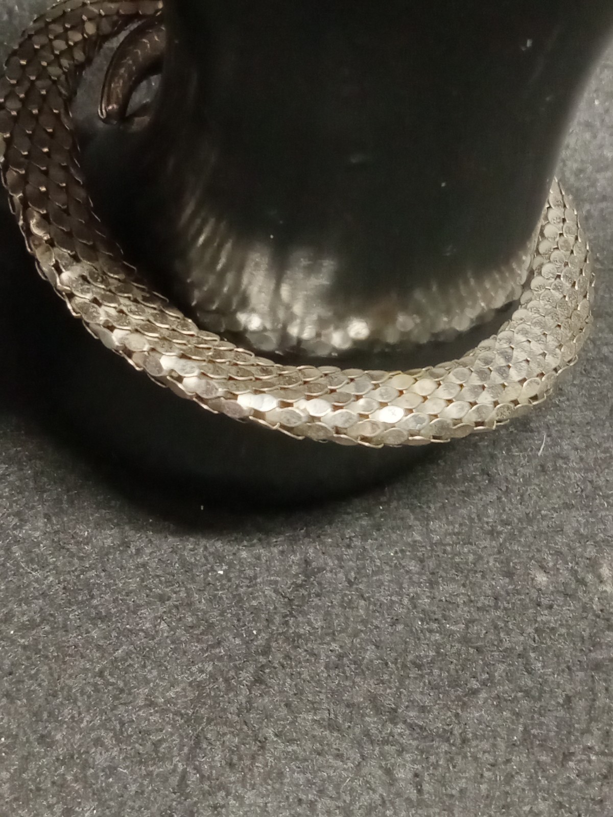 Vtg Silver Tone Snake Serpent Cobra Green Eyes 1 Coil Mesh Wrap Bangle Bracelet