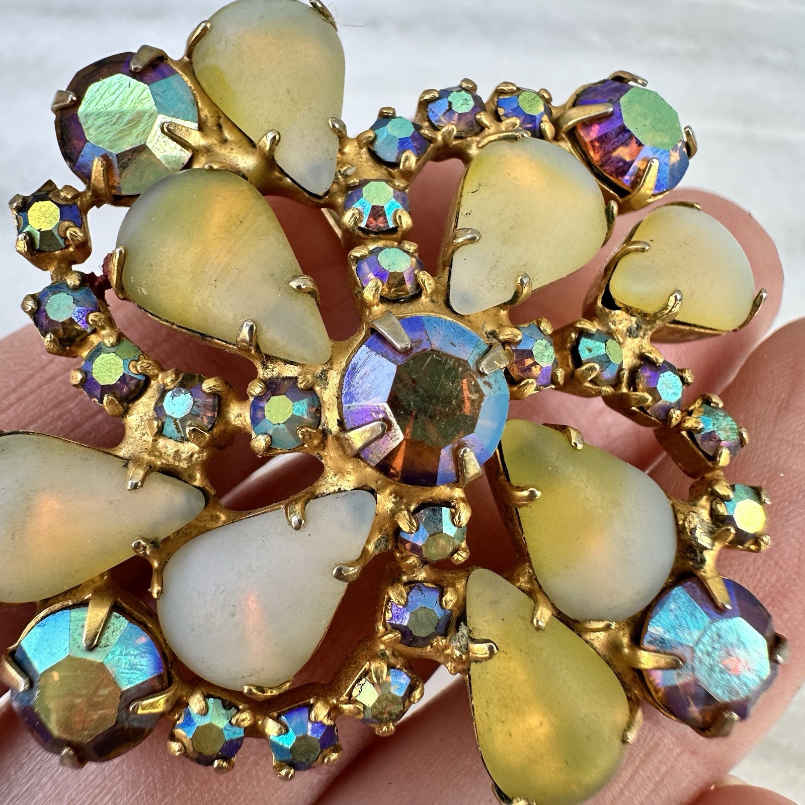 Vintage Opaline Brooch Earrings Set Juliana Kramer Style AB Rhinestone Glass