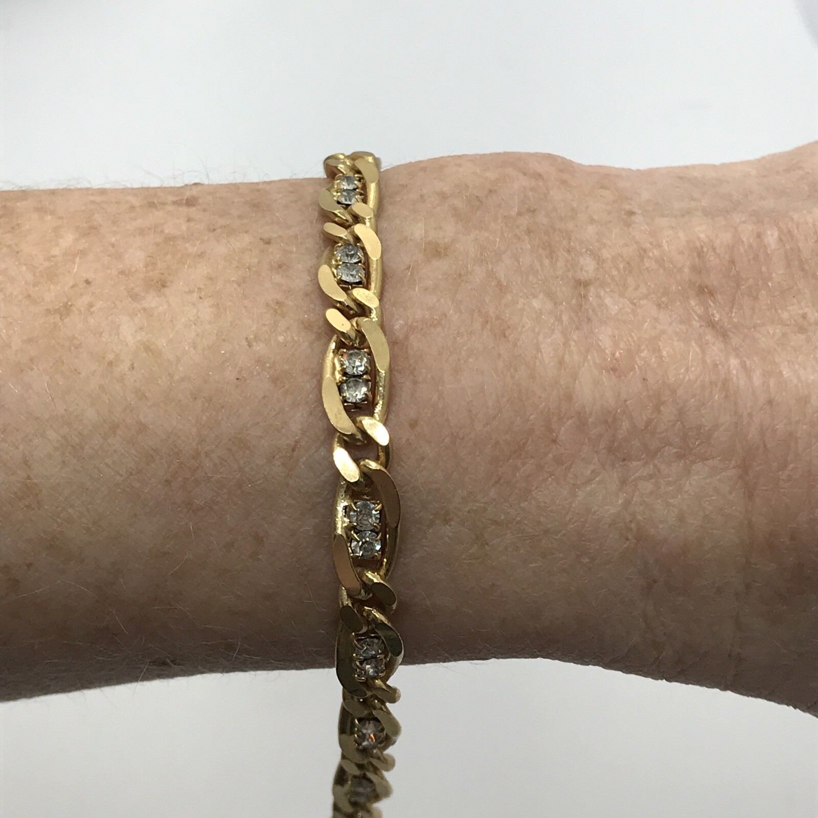 Vintage Delicate Gold Tone Chain & Crystal Accented Tennis Bracelet sz 6.75″