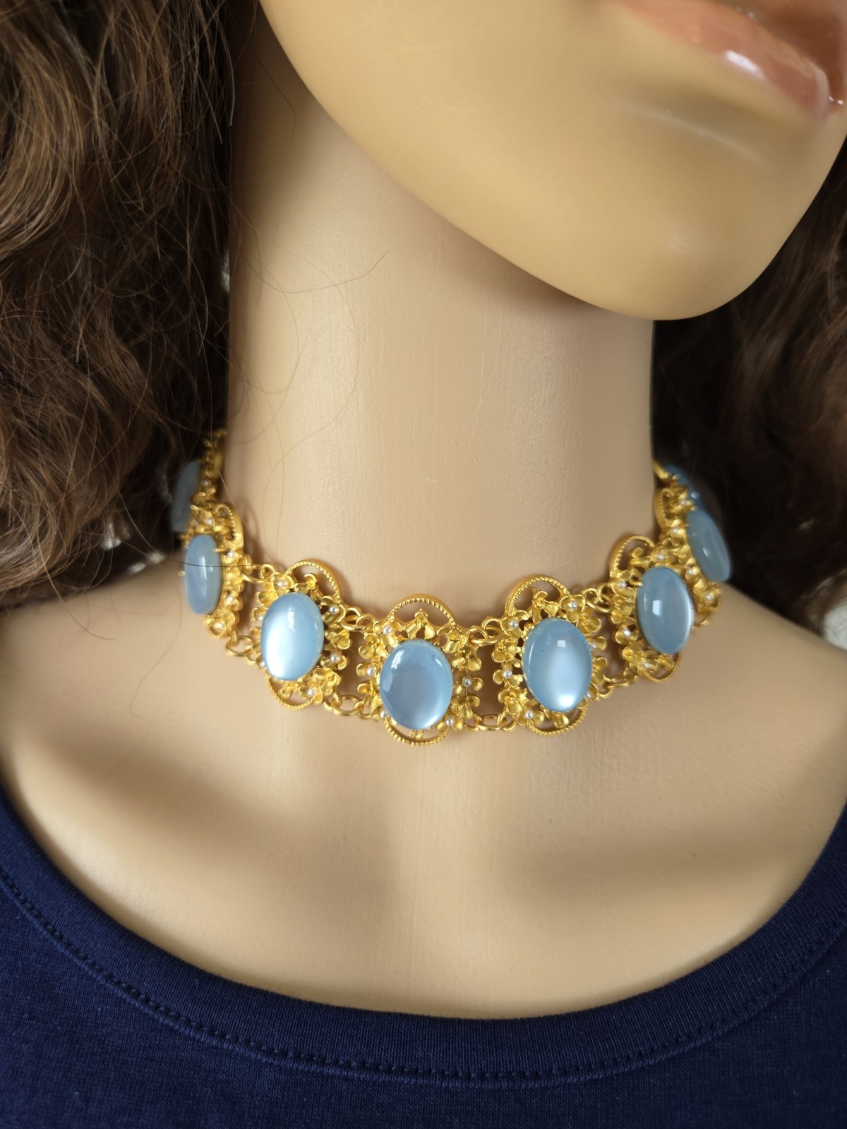 Moonglow Blue Lucite Gold Link Collar, Vintage Filigree Choker Necklace