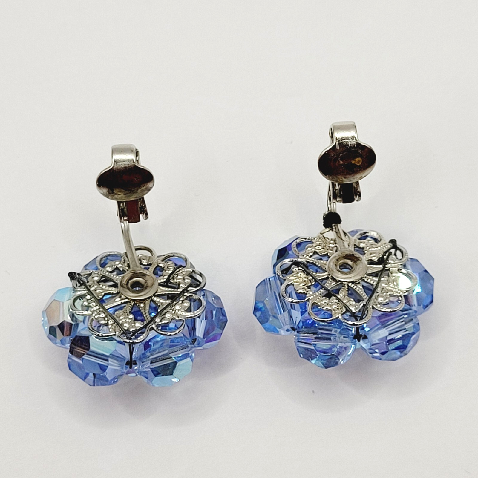 Light Blue Faceted Crystal Bead Cluster Sparkling Fancy Vintage Clip On Earrings