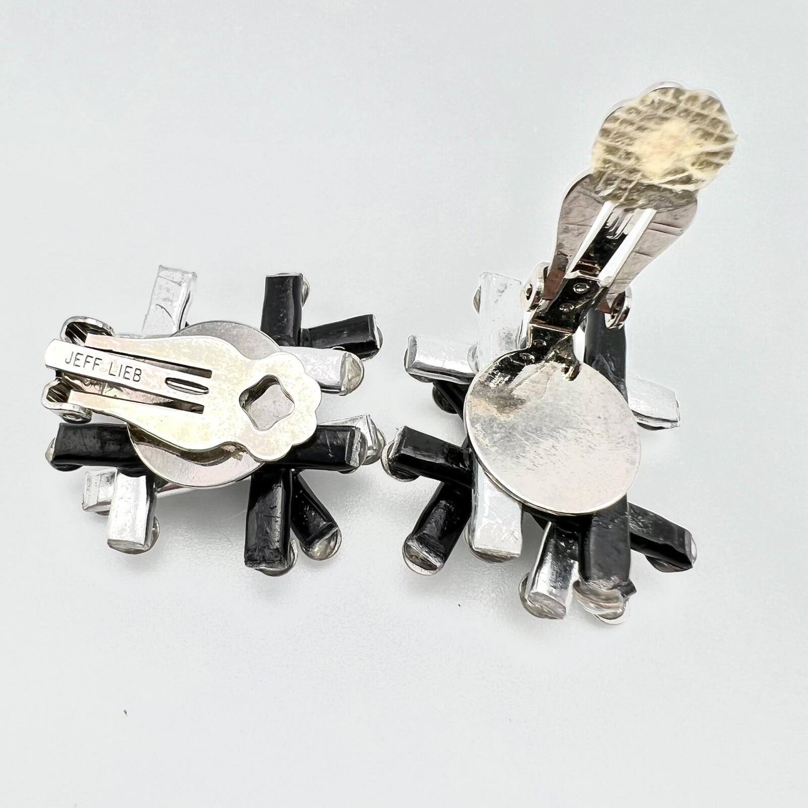 Vintage 1980s Jeff Lieb Black Silver Rhinestone Clip Earrings