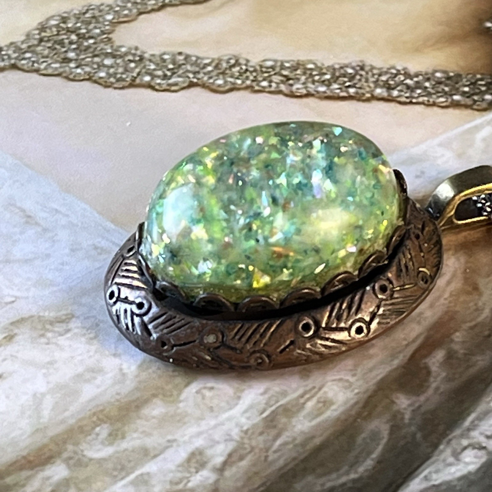 Vtg Lucite Confetti Cabochon Necklace – Converted Earring – Engraved Bezel – 18”