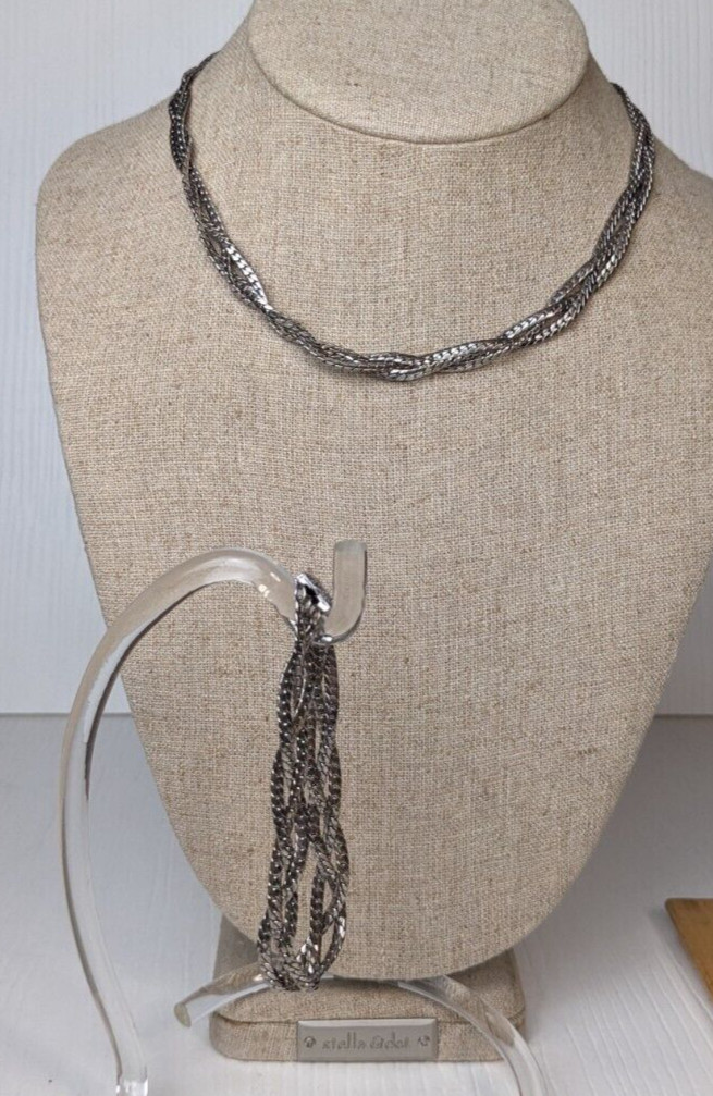 Vintage Jewelry set silvertone braided wheat chain necklace & braclet