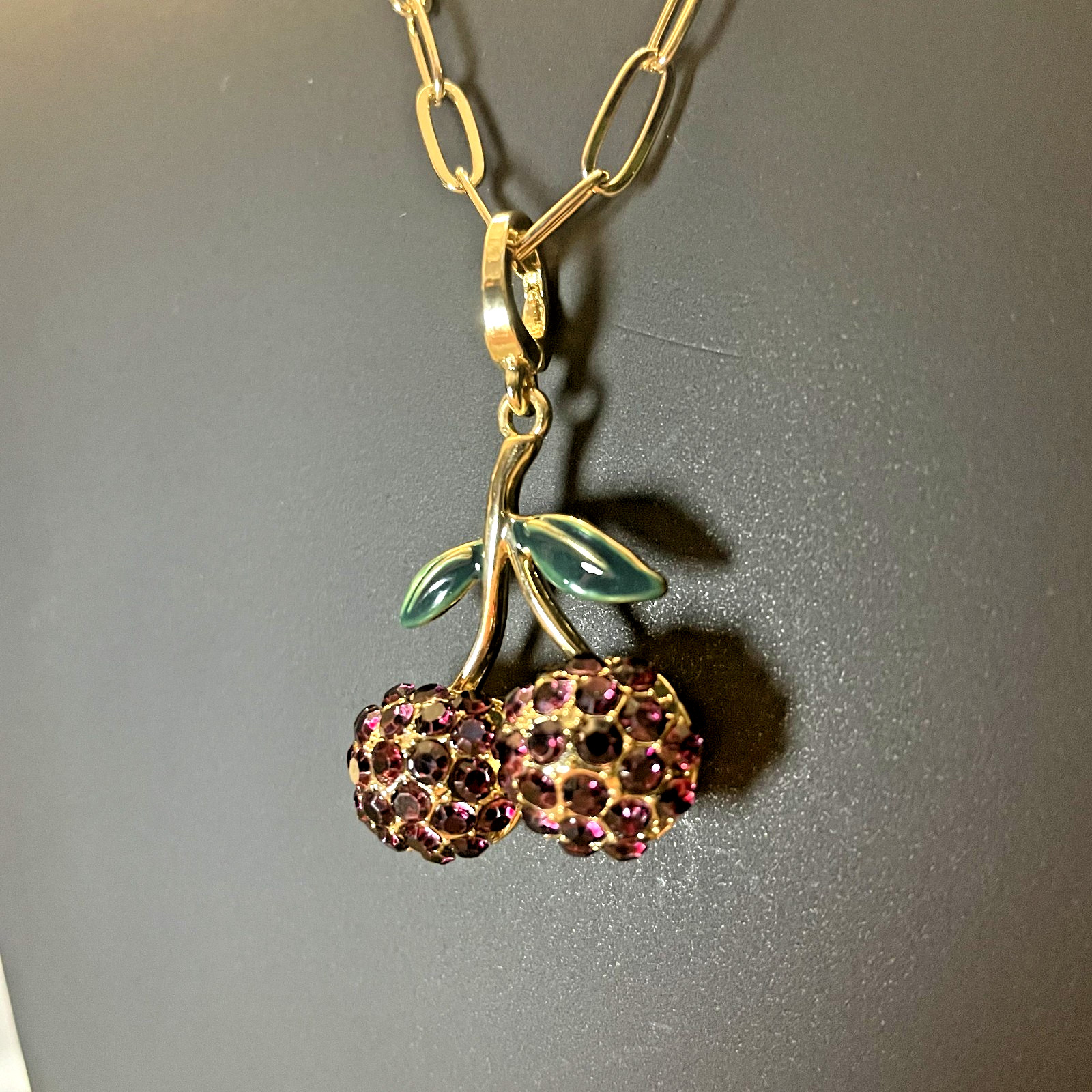 A New Day Gold Tone Link Chain & Ruby Cherry Rhinestone Magnetic Locket 18″