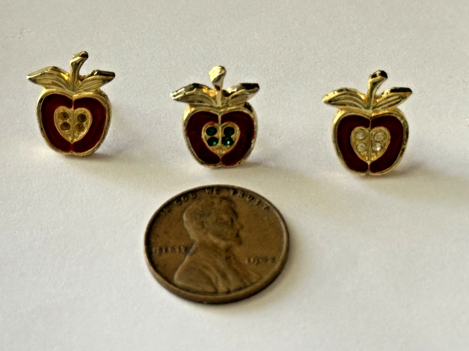 3 Small Enamel Red Apple Pins Set with Varying Color Gems
