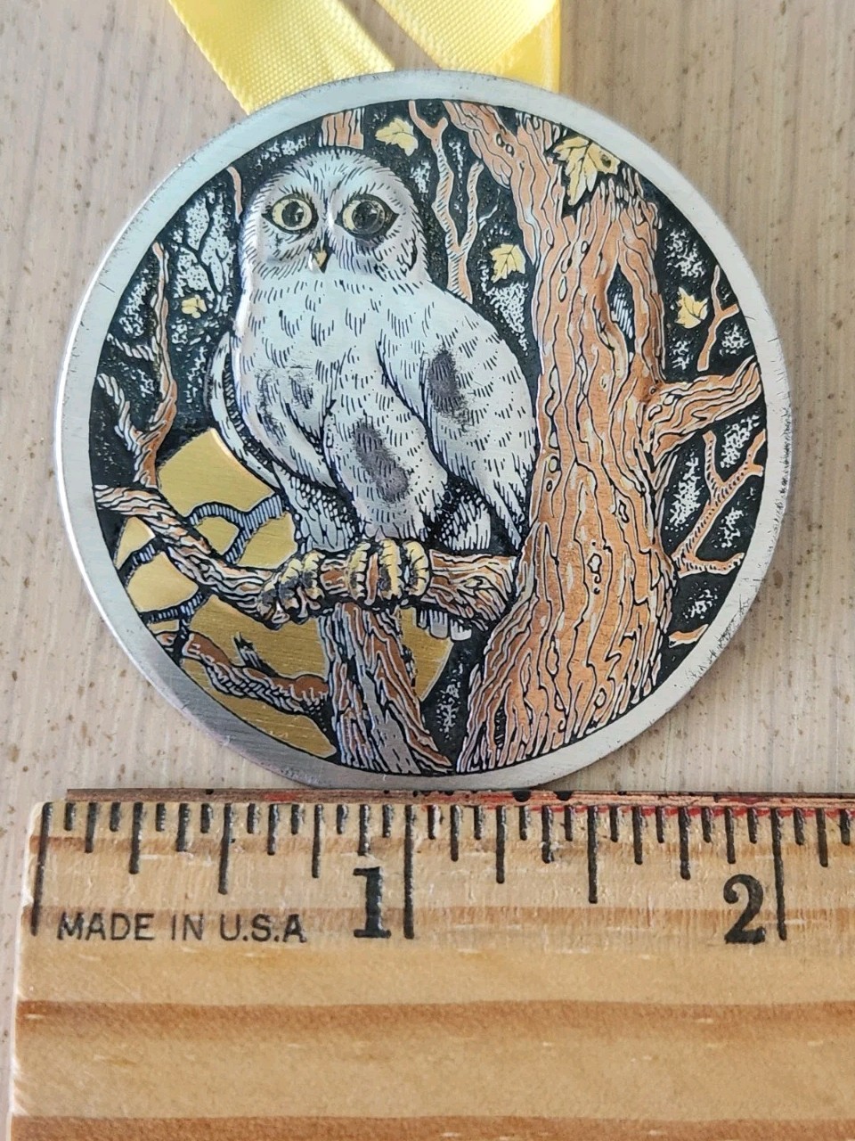 Vintage Reed & Barton Damascene gold washed Ornament Pendant Owl in Forest