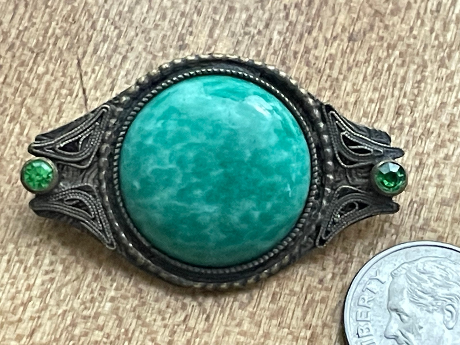 Vintage Czech Green Peking Glass Brooch victorian style 1 1/2″