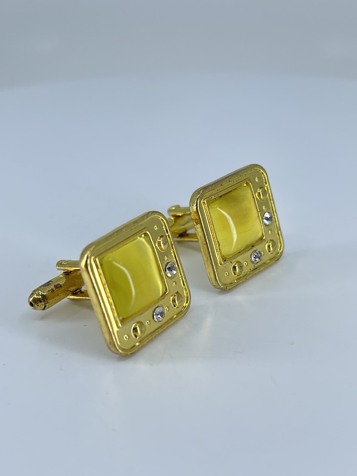 gold tone square yellow glass cufflinks white rhinestones accents bullet backs