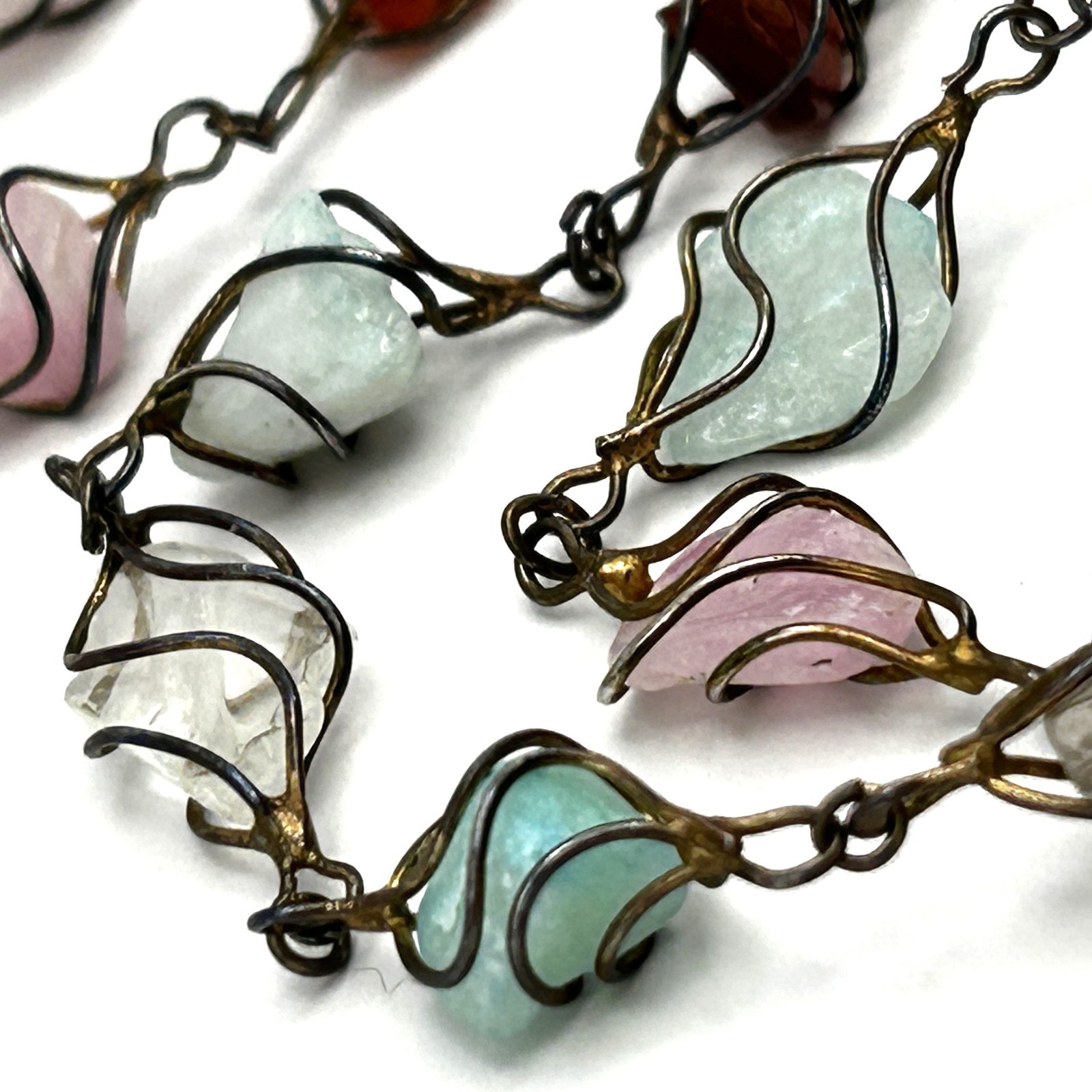 Vintage Gemstone Wire Wrapped 30” Necklace Garnet Jadeite Quartz Artisan Boho
