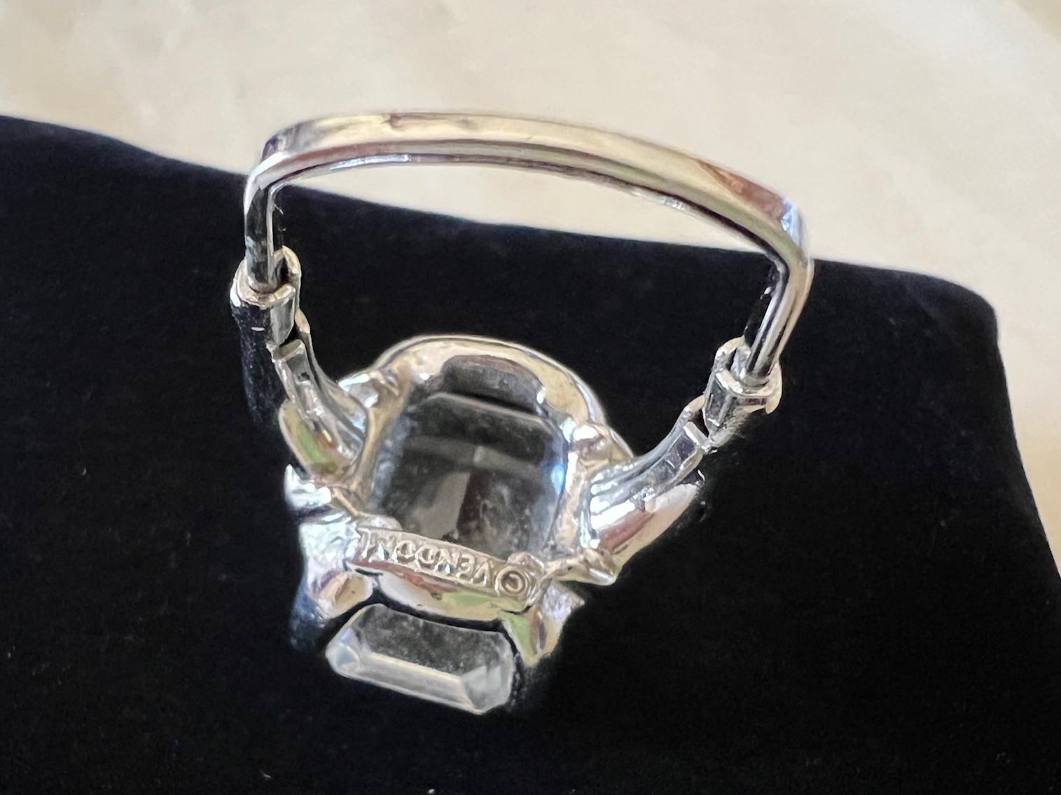 1960s Vintage VENDOME adjustable cocktail ring, w/ clear glass emerald-cut stone