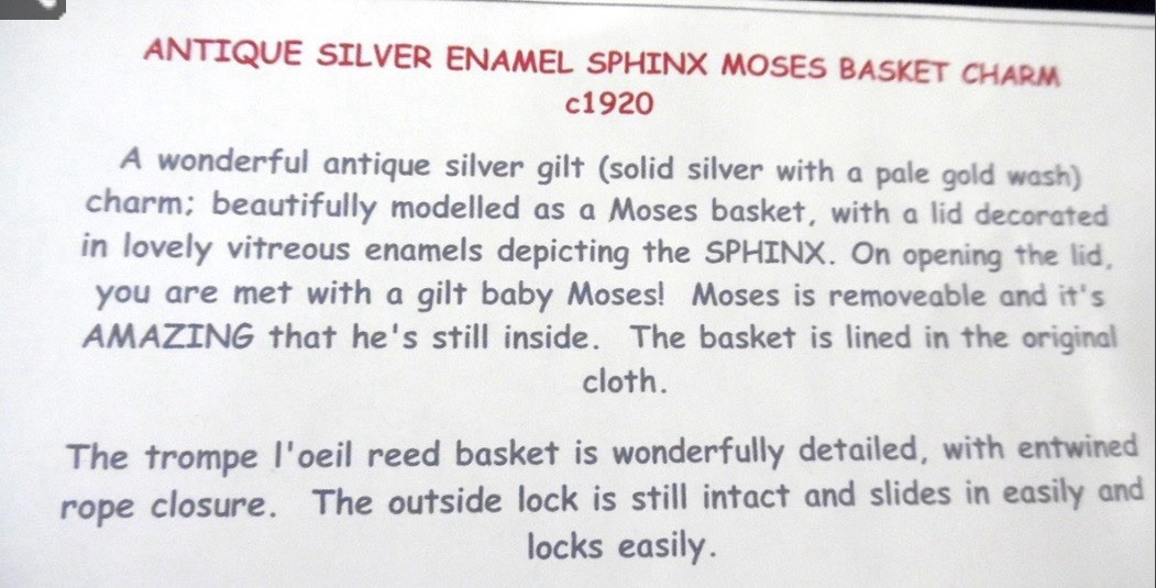 Antique Silver & Enamel Sphinx Moses Basket Charm Circa 1920
