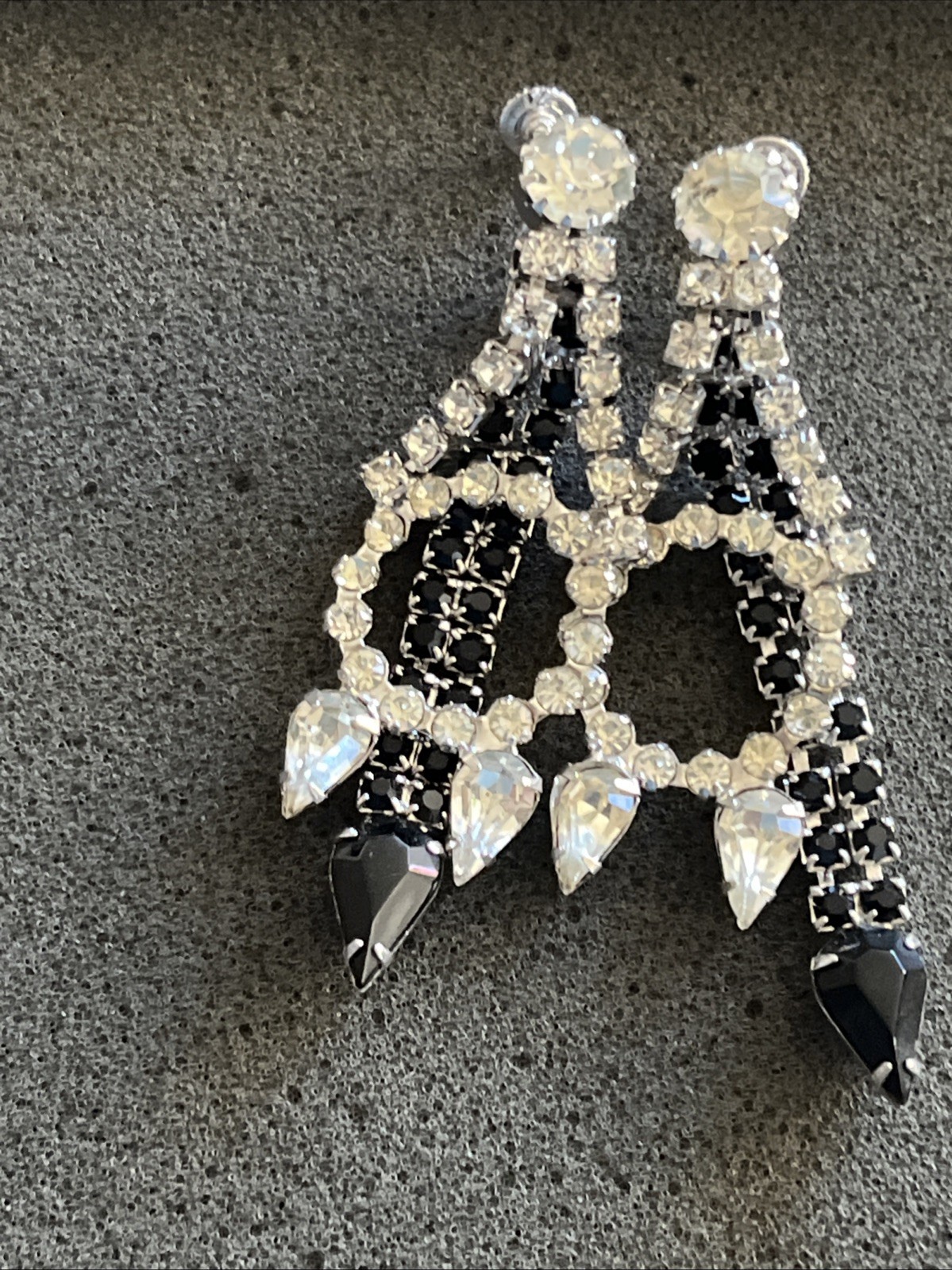 Vintage Signed HOBE Dangle Clear & Black Rhinestone Earrings Costume Jewelry