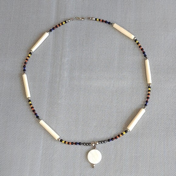 Handmade Women’s Tribal Style Necklace Beige/Multicolor 12.5 Inches