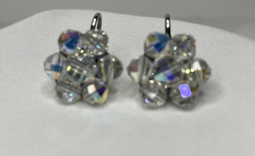 Vintage~MINT~Signed Laguna Clear AB Crystal Clip Earrings Silver Tone Jewelry